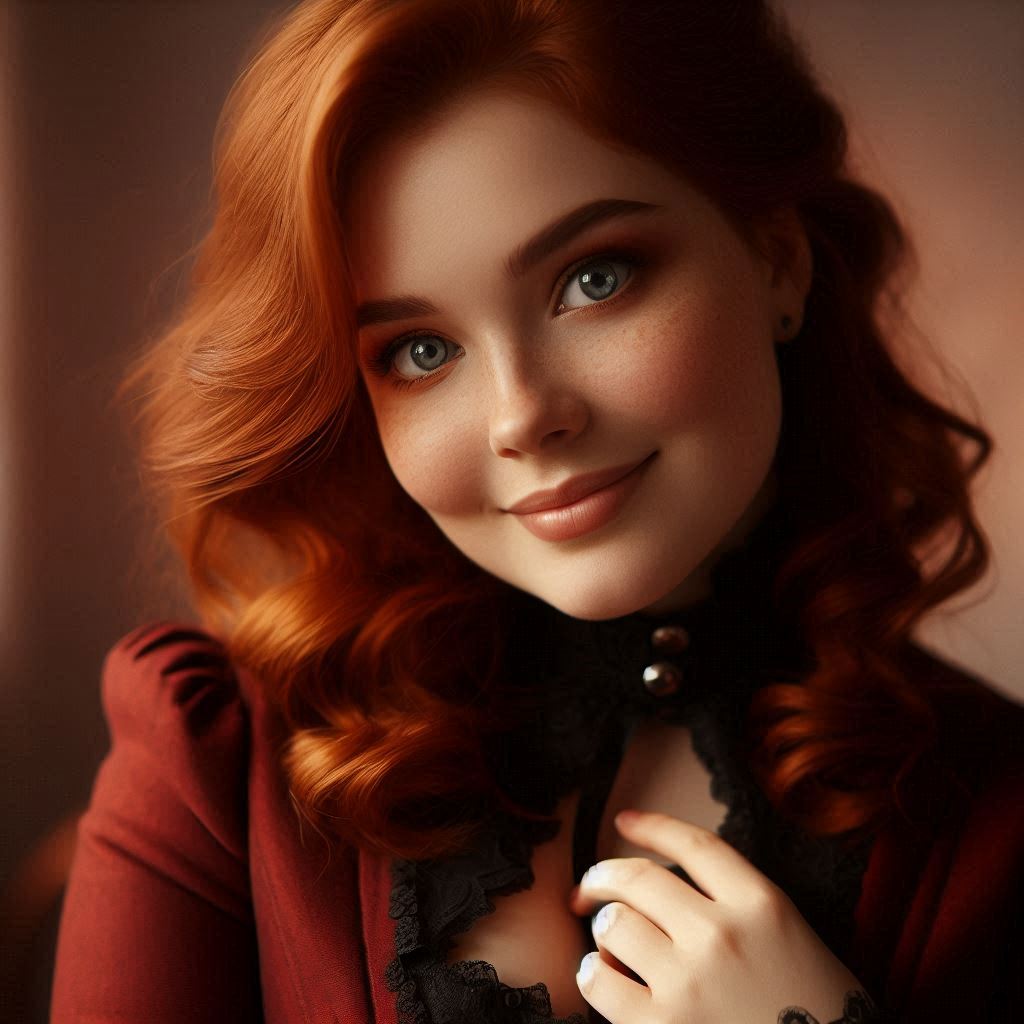 Portrait d'une femme tout en rondeur, rousse, les cheveux aux épaules. Elle porte une tenue victorienne composée d'une veste rouge foncée et une jupe noire. Elle a les yeux bleus-gris. L'ambiance est chaude et douce. Epoque victorienne. Elle a un sourire joueur.